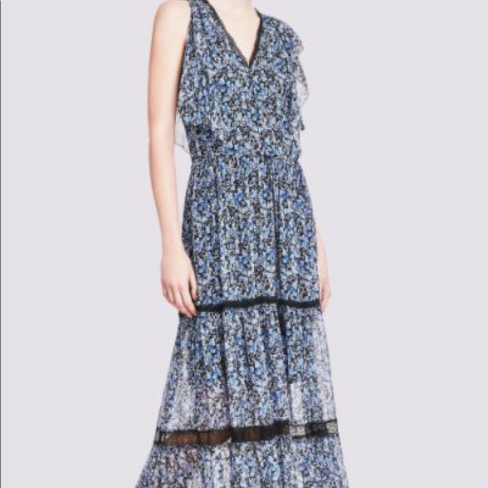 Elie Tahari blue floral tiered silk A-line maxi